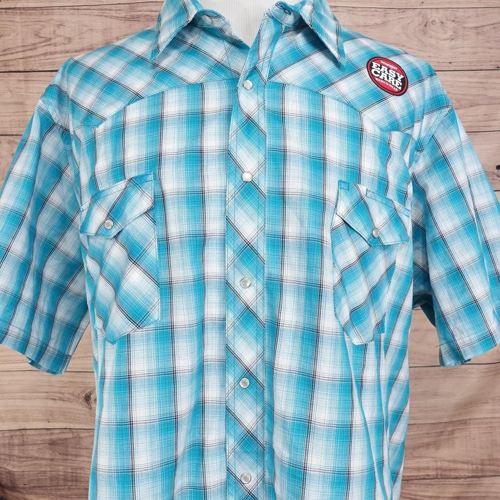 New! Wrangler Western Shirt Mens 3XL Blue Plaid Cotton Blend Snap Short Sleeve